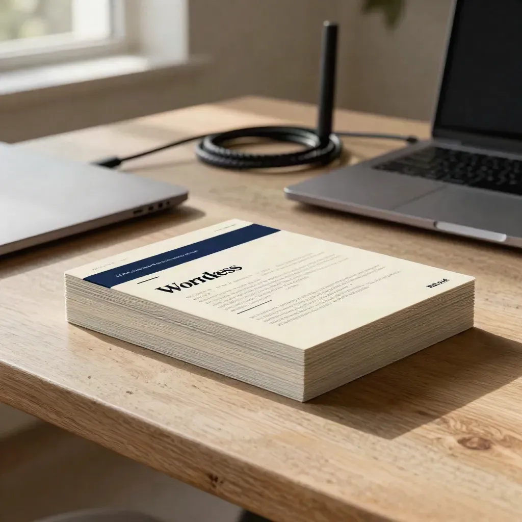 Card WordPress con laptop chiuso, router e cavi intrecciati su pietra e legno, luce calda