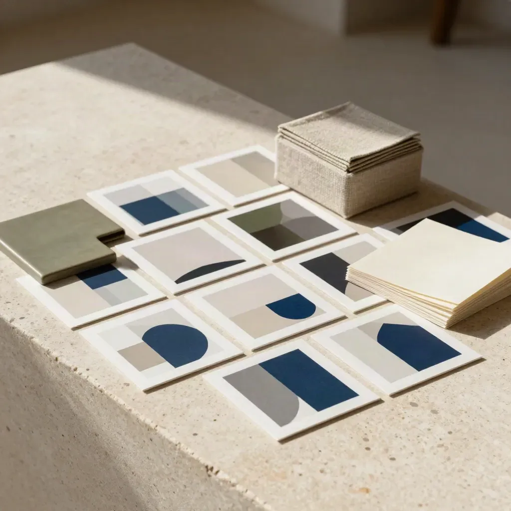Card social, tile in ceramica e scatola in lino su pietra, luce cinematografica.