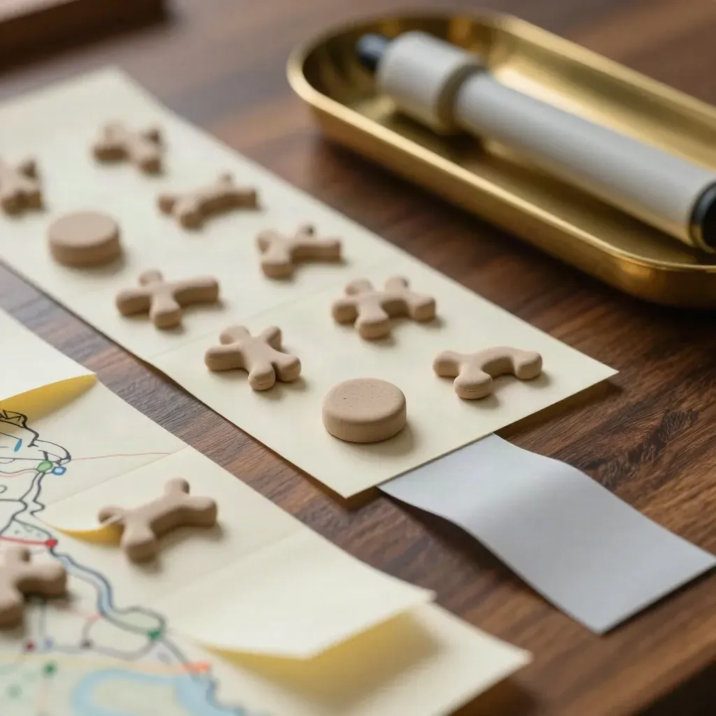 Tavola macro di strategia con tab colorati, gettoni d’argilla e vassoio in ottone su legno scuro.