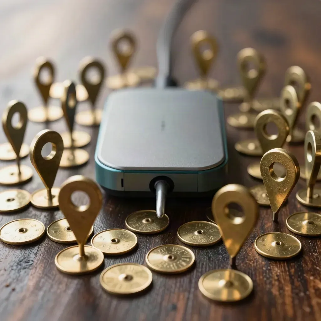 Still life macro con pin, chip budget e hub metallico su legno spazzolato.