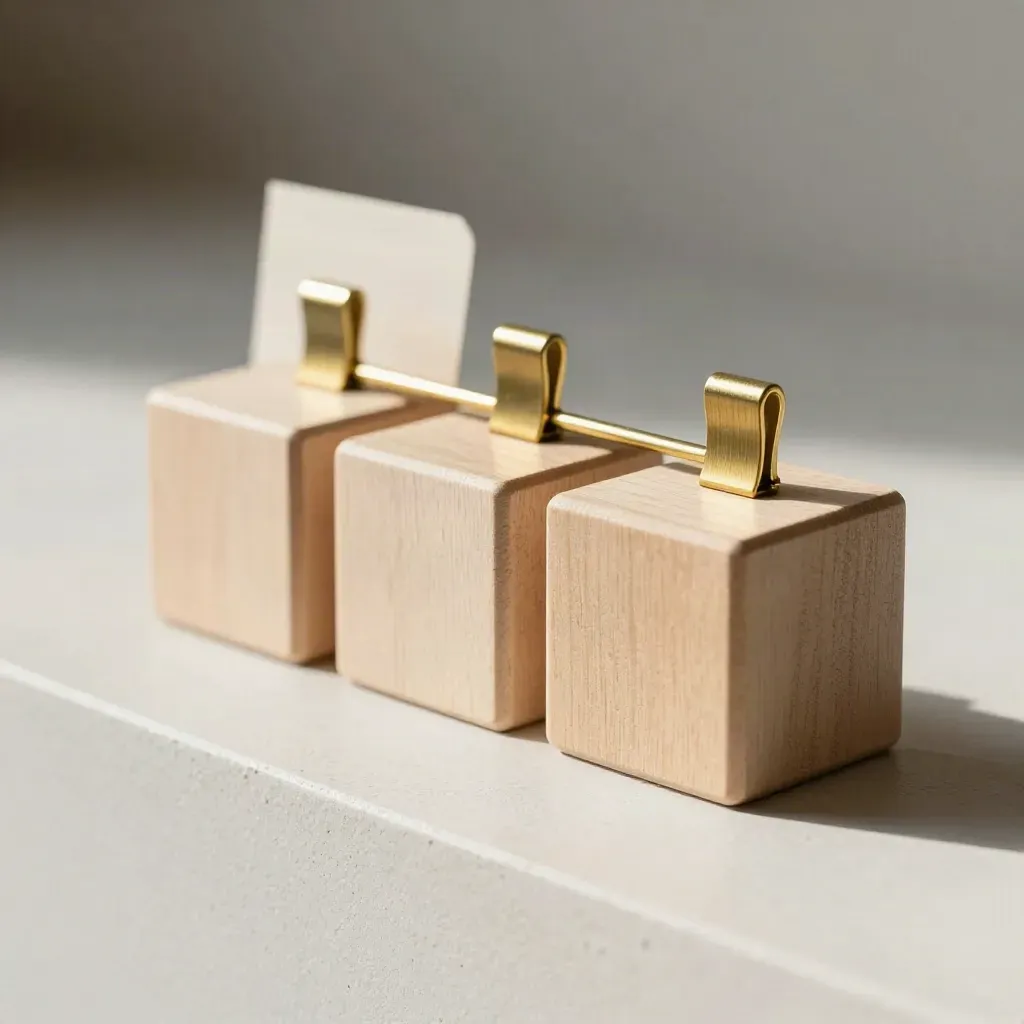 Blocchi di legno, cubi calendario e clip in ottone su lastra chiara, luce morbida laterale.