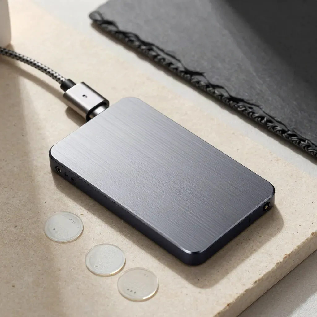 SSD esterno, cavo intrecciato e hub su pietra, luce morbida e taglio tecnico dall’alto.