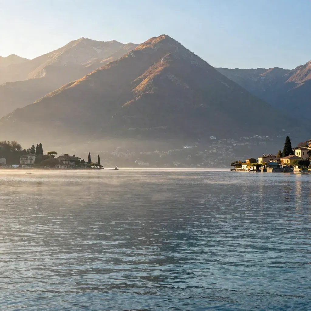 Lago di Como all’alba, con foschia dorata e Alpi in alto, acqua calma e paesaggio ampio.